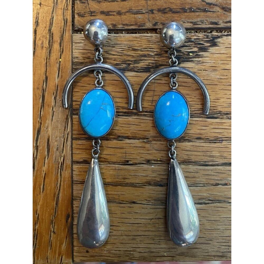 Vintage TAXCO Mexico Sterling Silver Turquoise Dangle Earrings 3.4” 22g TC 127 - Picture 3 of 8